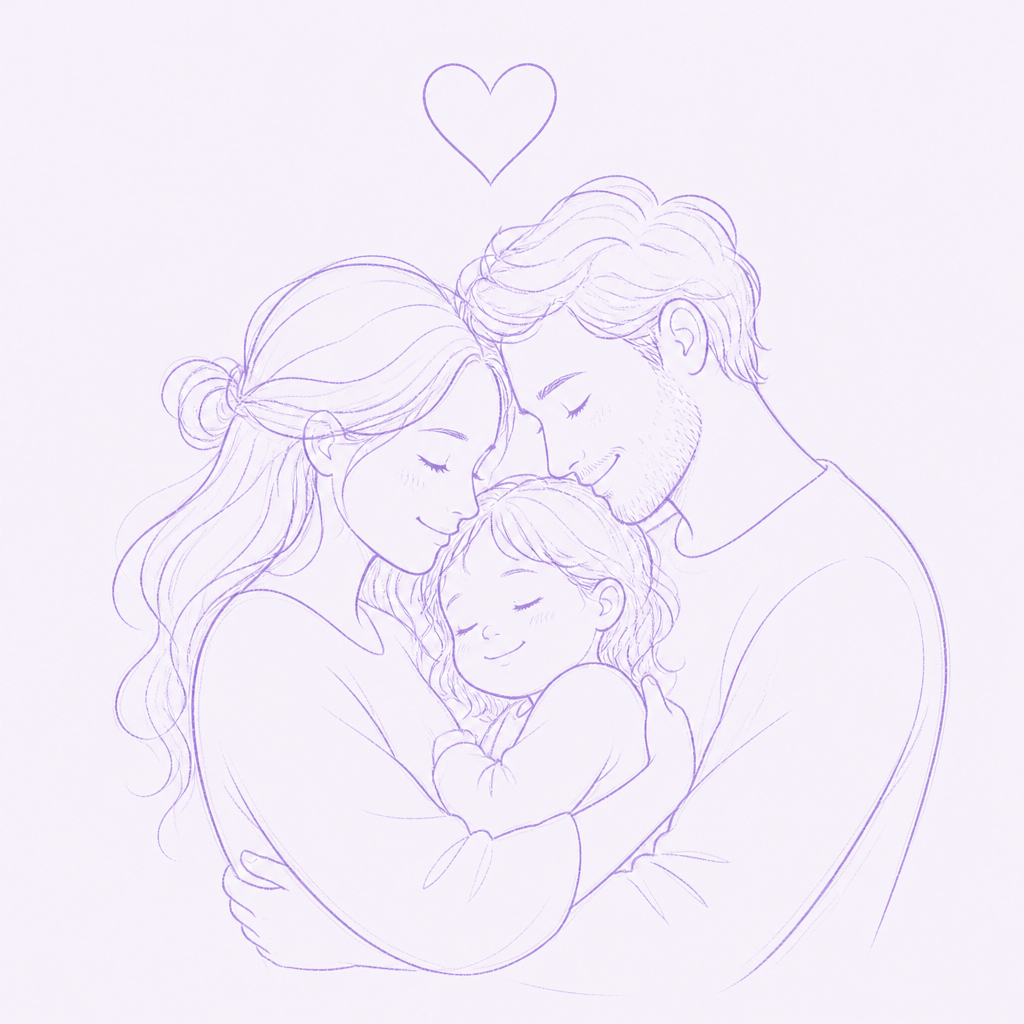 Ilustração de uma família abraçada com um coração